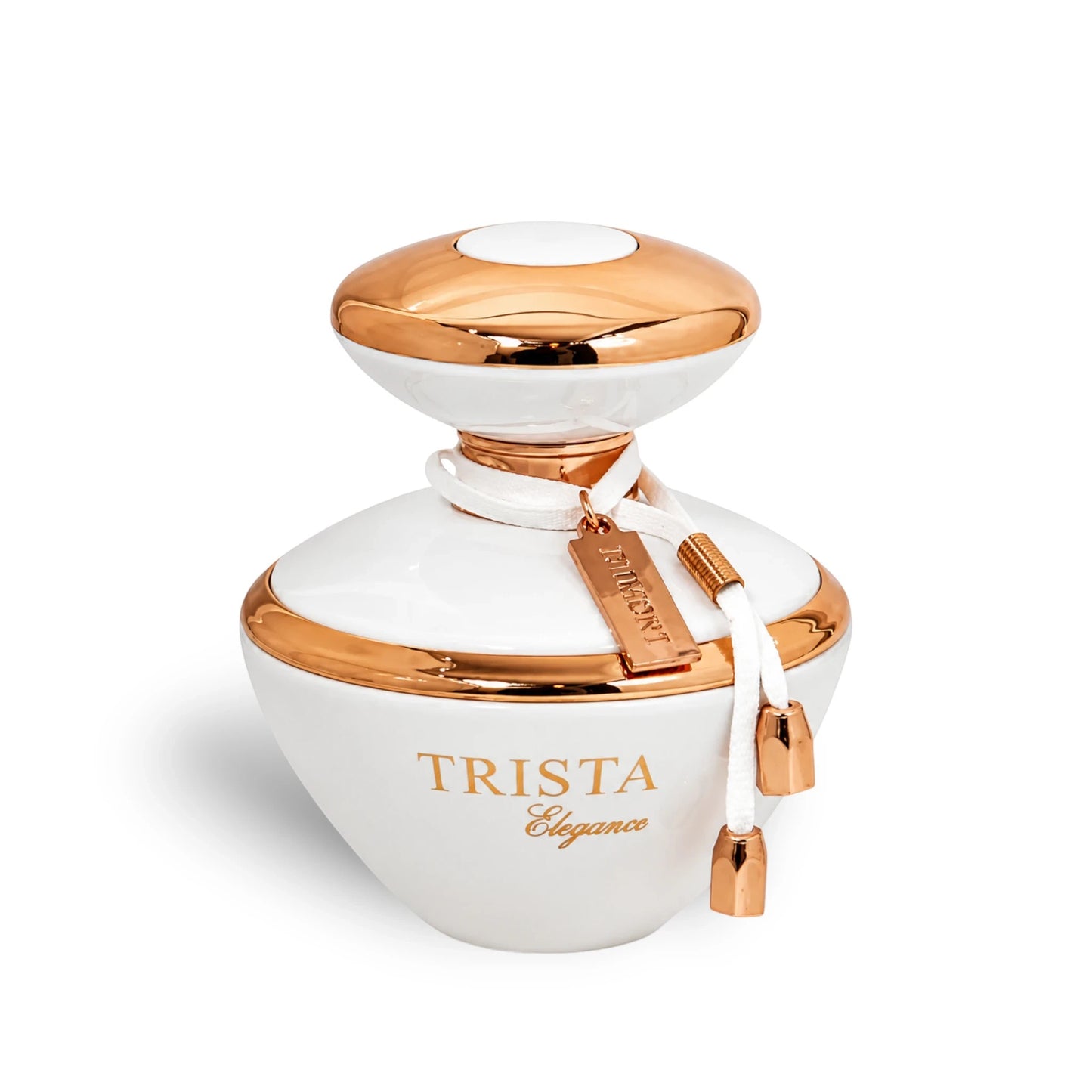 Soghaat Trista Elegance Eau de Parfum bottle in white and rose gold with a decorative cord and charm.