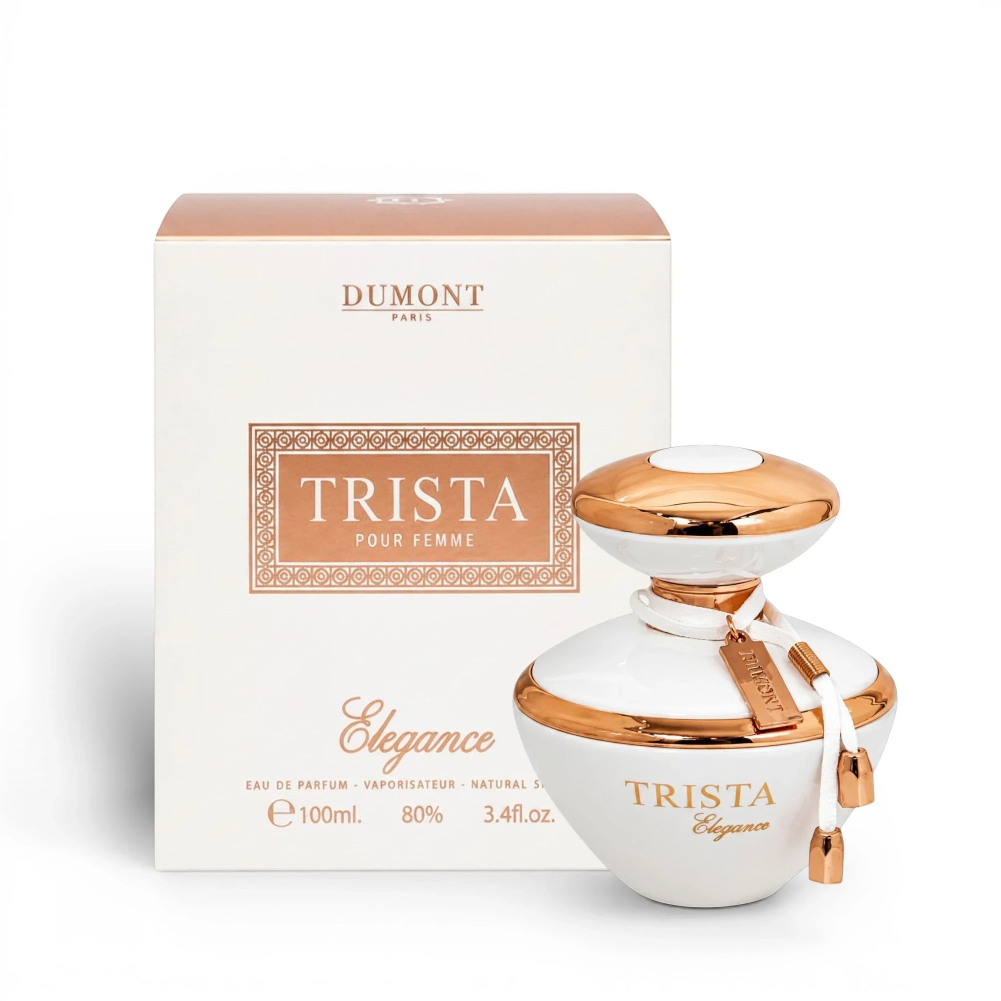 Soghaat Trista Elegance Eau de Parfum 100ml bottle and box, featuring white and rose gold accents for a feminine scent.