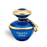 Soghaat Dumont Paris Trista Infinity Eau de Parfum in a deep blue glass bottle with gold accents and a small charm.