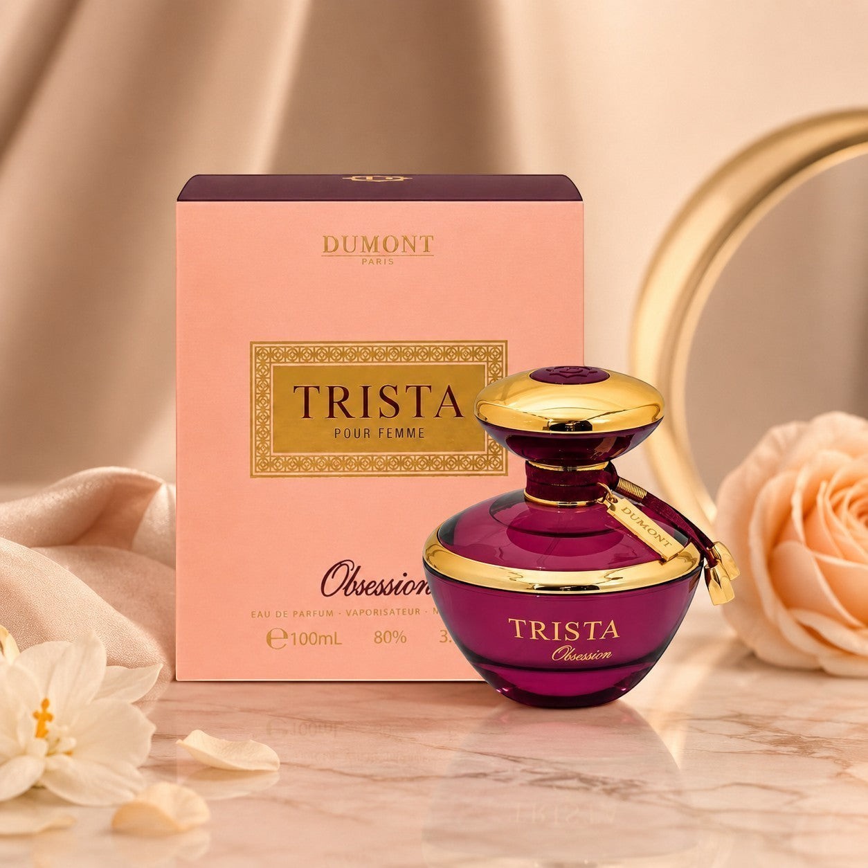 Soghaat Trista Obsession Eau de Parfum by Dumont Paris in a deep purple glass bottle with gold accents and box.