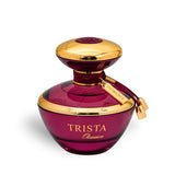 Soghaat Dumont Paris Trista Obsession Eau de Parfum in a deep purple glass bottle with gold accents and a branded charm.