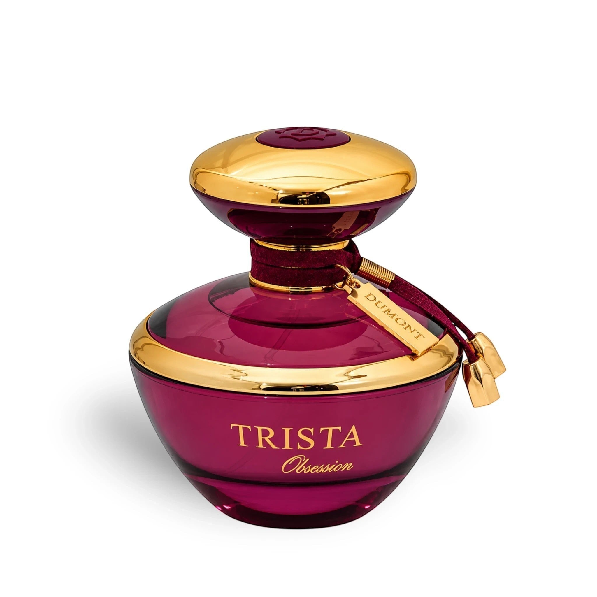 Soghaat Dumont Paris Trista Obsession Eau de Parfum in a deep purple glass bottle with gold accents and a branded charm.