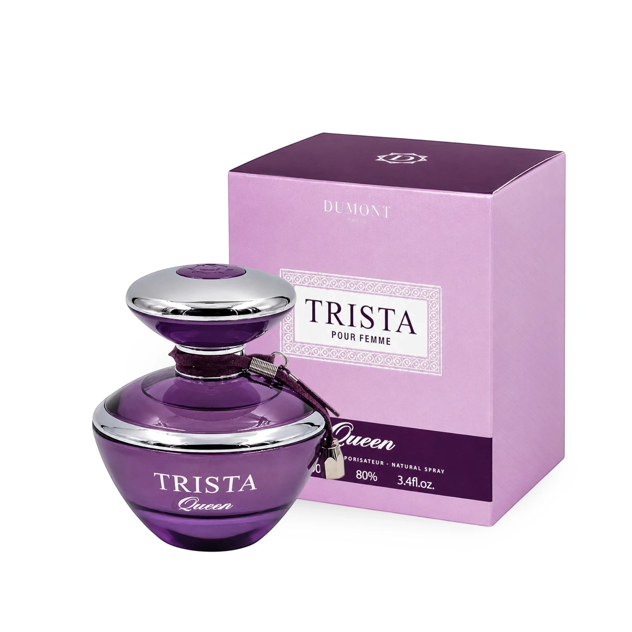 Soghaat Trista Queen Eau de Parfum by Dumont Paris in a purple bottle and matching box, a fresh woody aromatic scent.