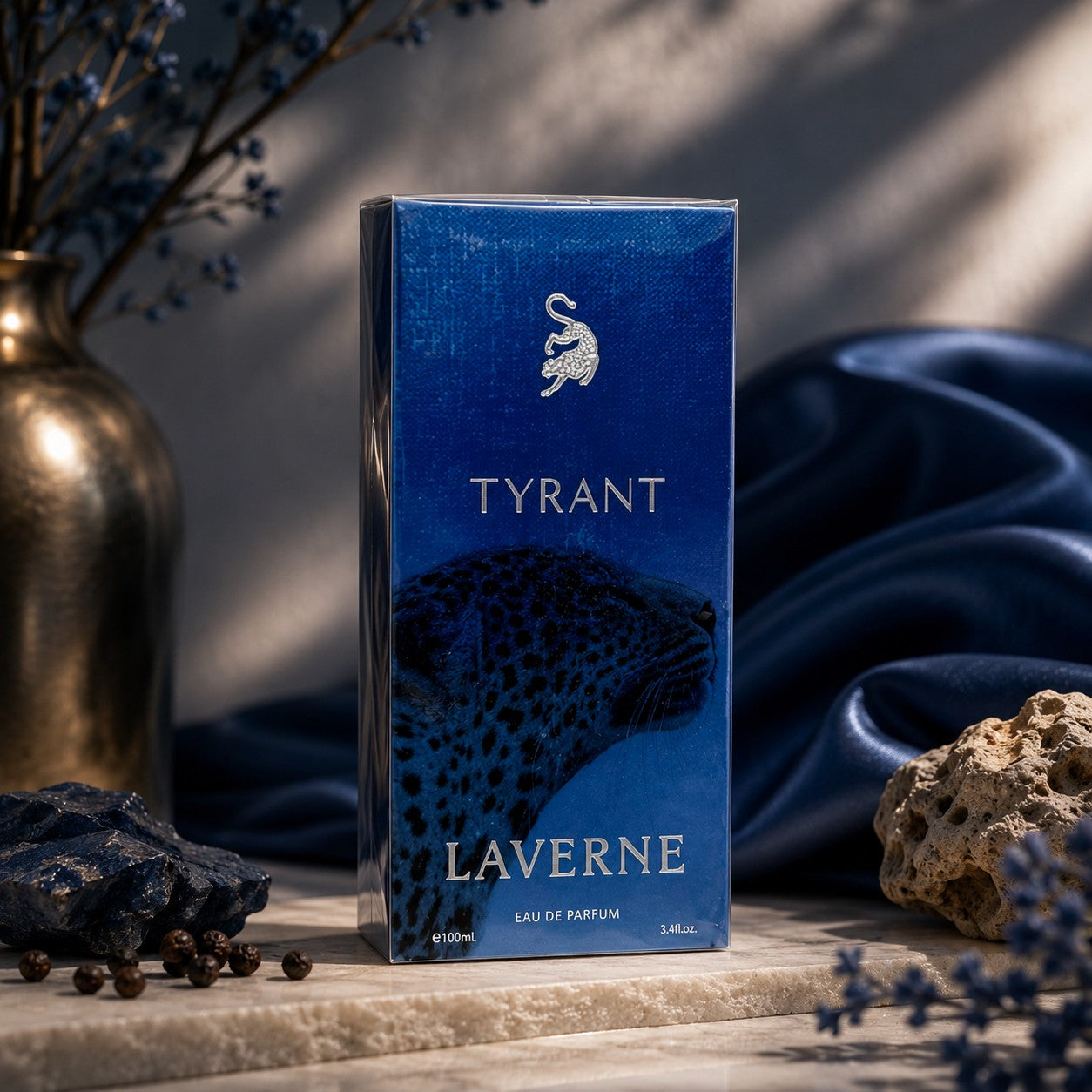 Soghaat Tyrant 100ml Eau de Parfum for men, a fresh woody aromatic fragrance with a leopard graphic.