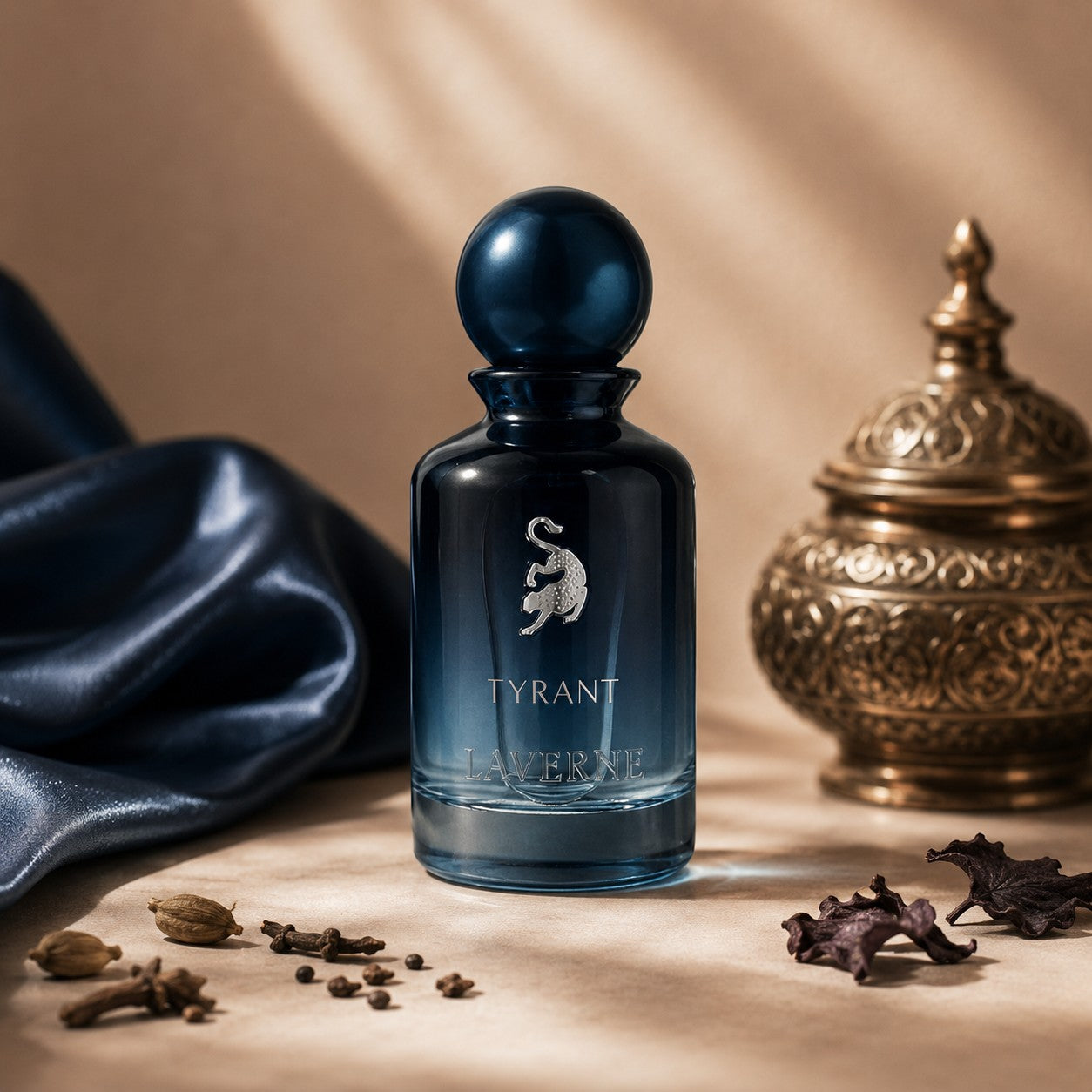 Soghaat Tyrant 100ml Eau de Parfum for men, a fresh woody aromatic fragrance in a dark blue gradient bottle with silver emblem.