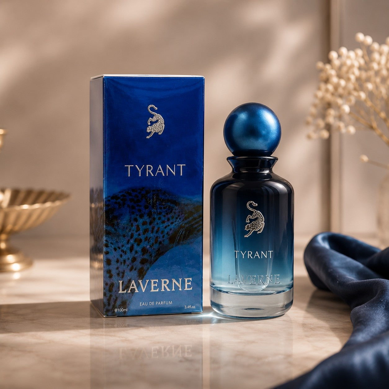Soghaat Tyrant 100ml Eau de Parfum for men, a fresh woody aromatic fragrance in a blue gradient bottle with a leopard design on the box.