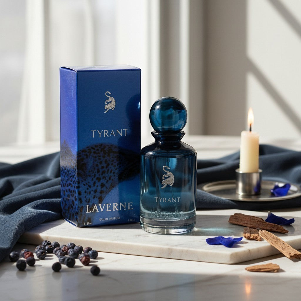 Soghaat Tyrant 100ml Eau de Parfum for men, a fresh woody aromatic fragrance in a blue glass bottle with a leopard print box.