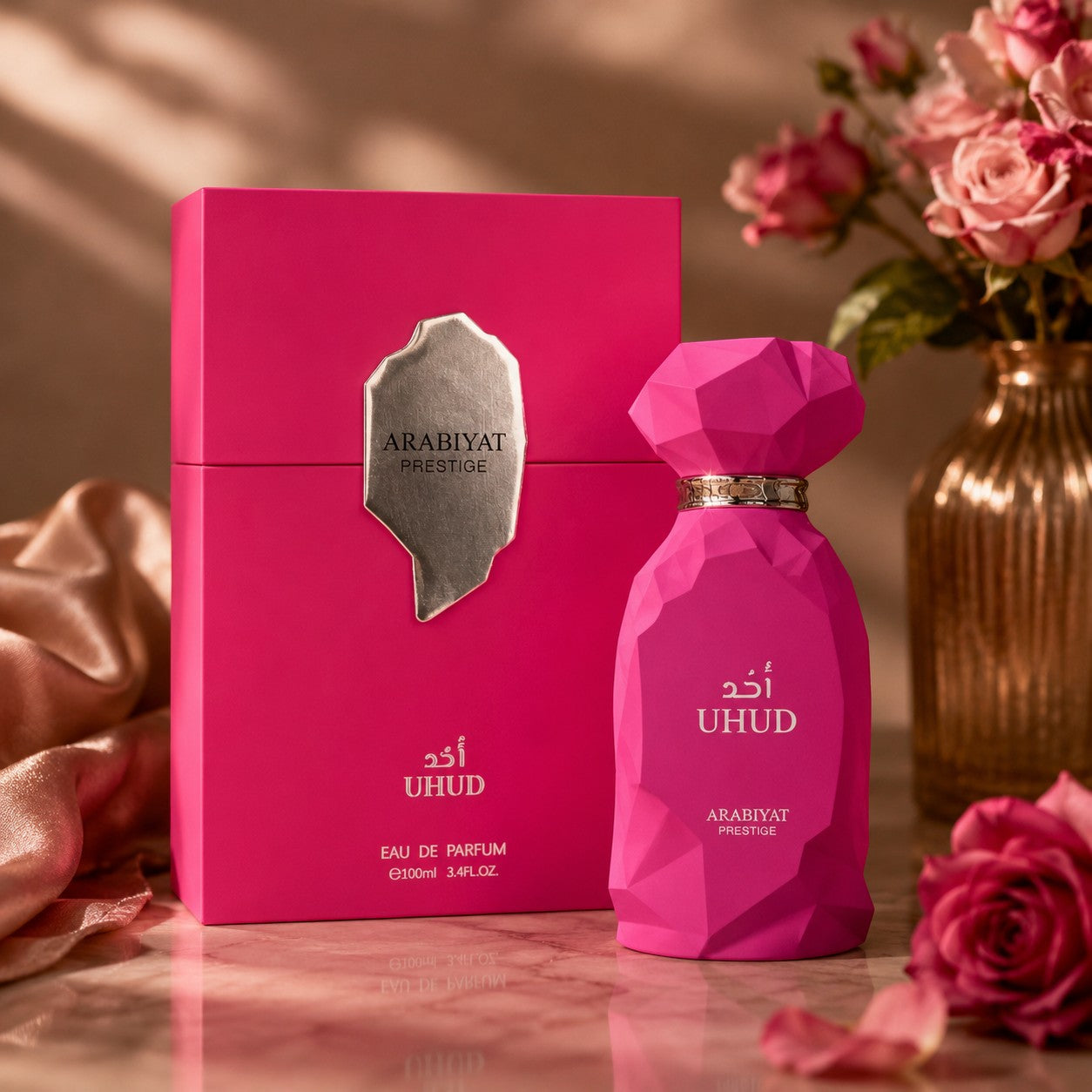 Soghaat Uhud Eau de Parfum 100ml, a sweet amber gourmand fragrance in a faceted pink bottle with a matching box.