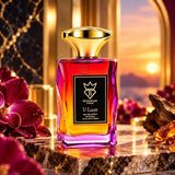 Soghaat V-Luxe Eau de Parfum by Bujairami in a vibrant gradient glass bottle with a gold cap, set against a sunset.
