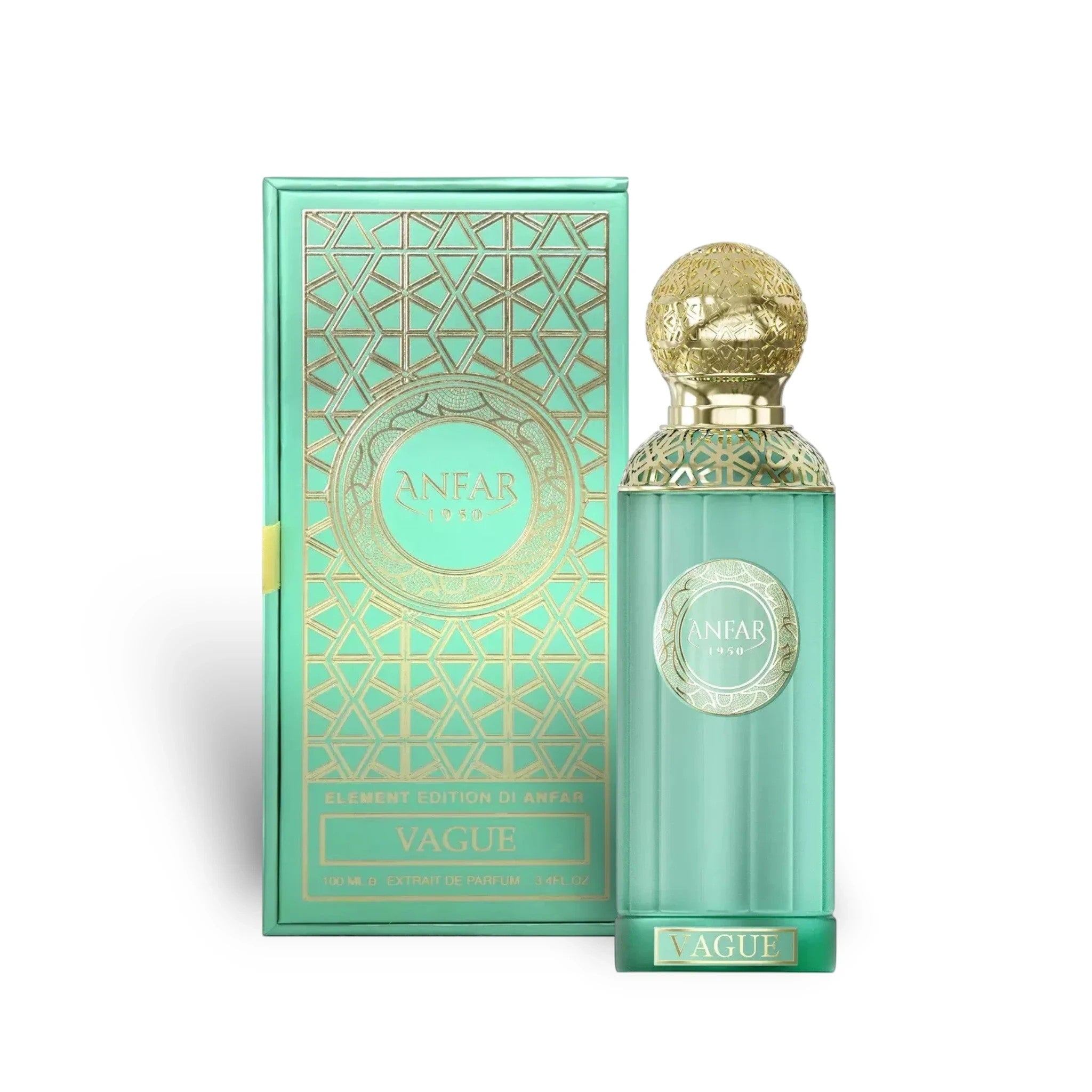Soghaat Vague by Anfar 100ml Extrait de Parfum in a mint green bottle and matching box with intricate gold patterns.