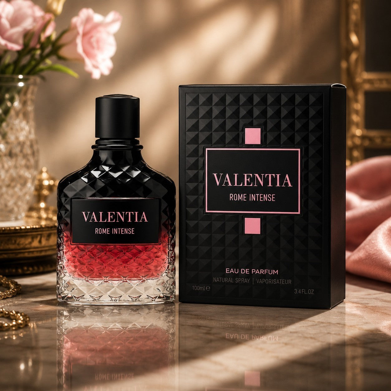 Soghaat Valentia Rome Intense 100ml Eau de Parfum for men, a sweet gourmand floral fragrance with black currant, jasmine, and bourbon vanilla.