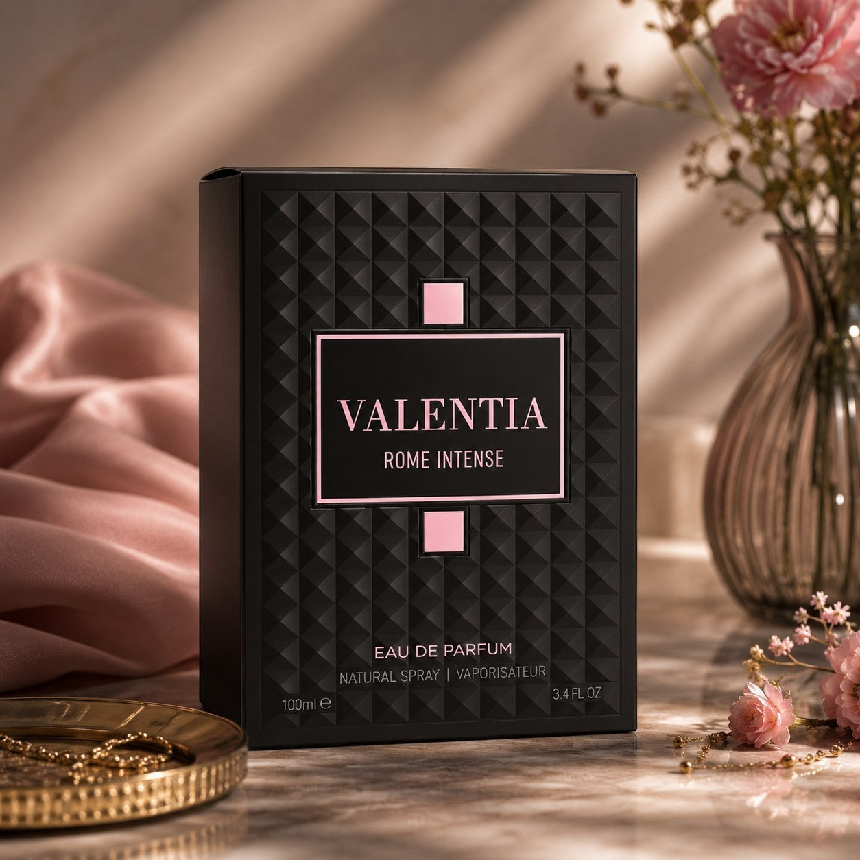 Soghaat Valentia Rome Intense 100ml Eau de Parfum for men, a sweet gourmand floral fragrance with black currant, jasmine, and vanilla.
