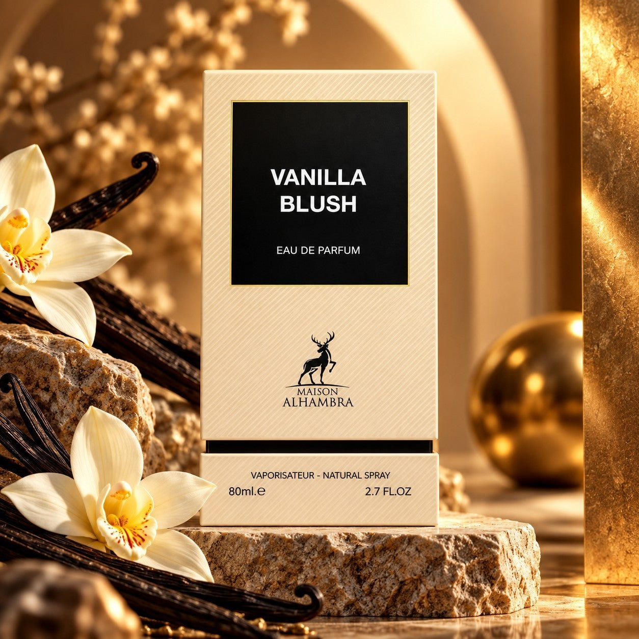 Soghaat Vanilla Blush by Maison Alhambra 80ml Eau de Parfum box surrounded by vanilla flowers and beans on stone.