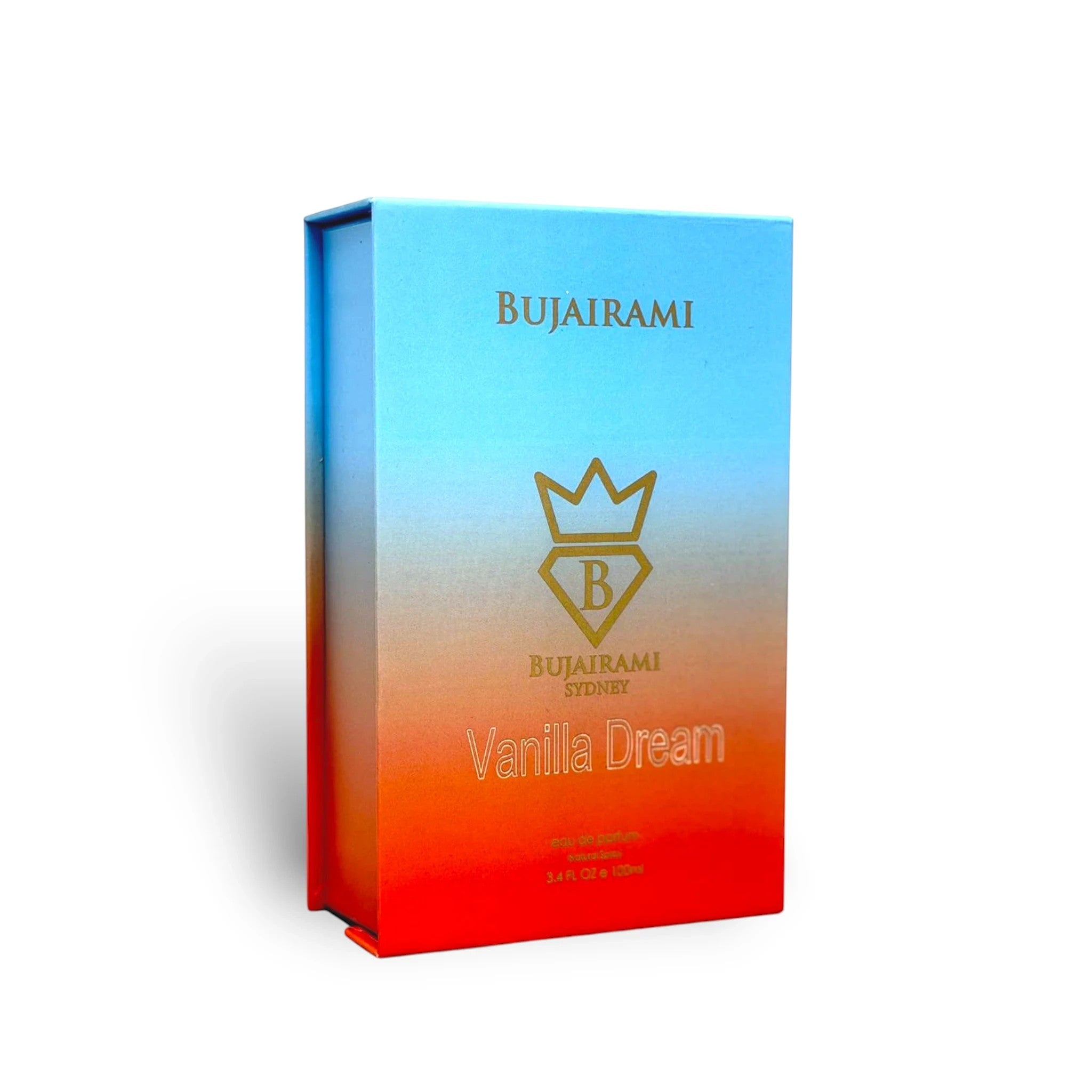 Soghaat Vanilla Dream Eau de Parfum 100ml bottle with a gradient blue to orange box, featuring gold lettering and a crown logo.