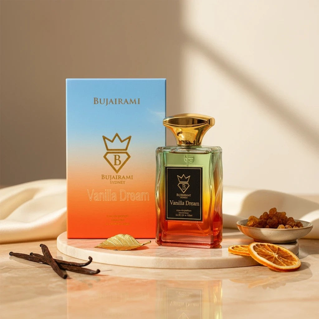 Soghaat Vanilla Dream Eau de Parfum, a unisex fragrance with a gradient bottle from green to orange, featuring vanilla and musk notes.