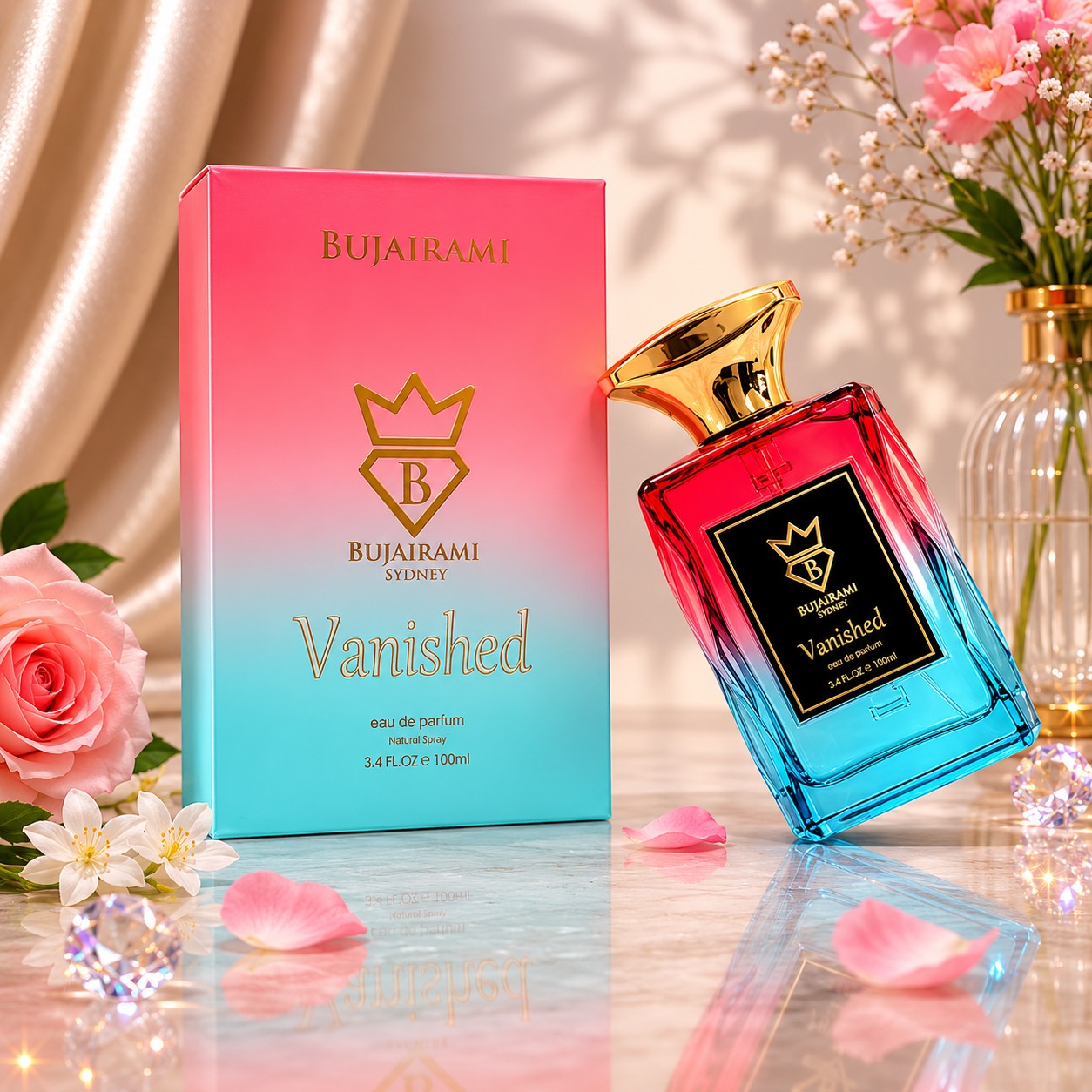 Soghaat Vanished 100ml Eau de Parfum bottle with pink and blue gradient glass, gold cap, next to its matching box. Features floral notes.