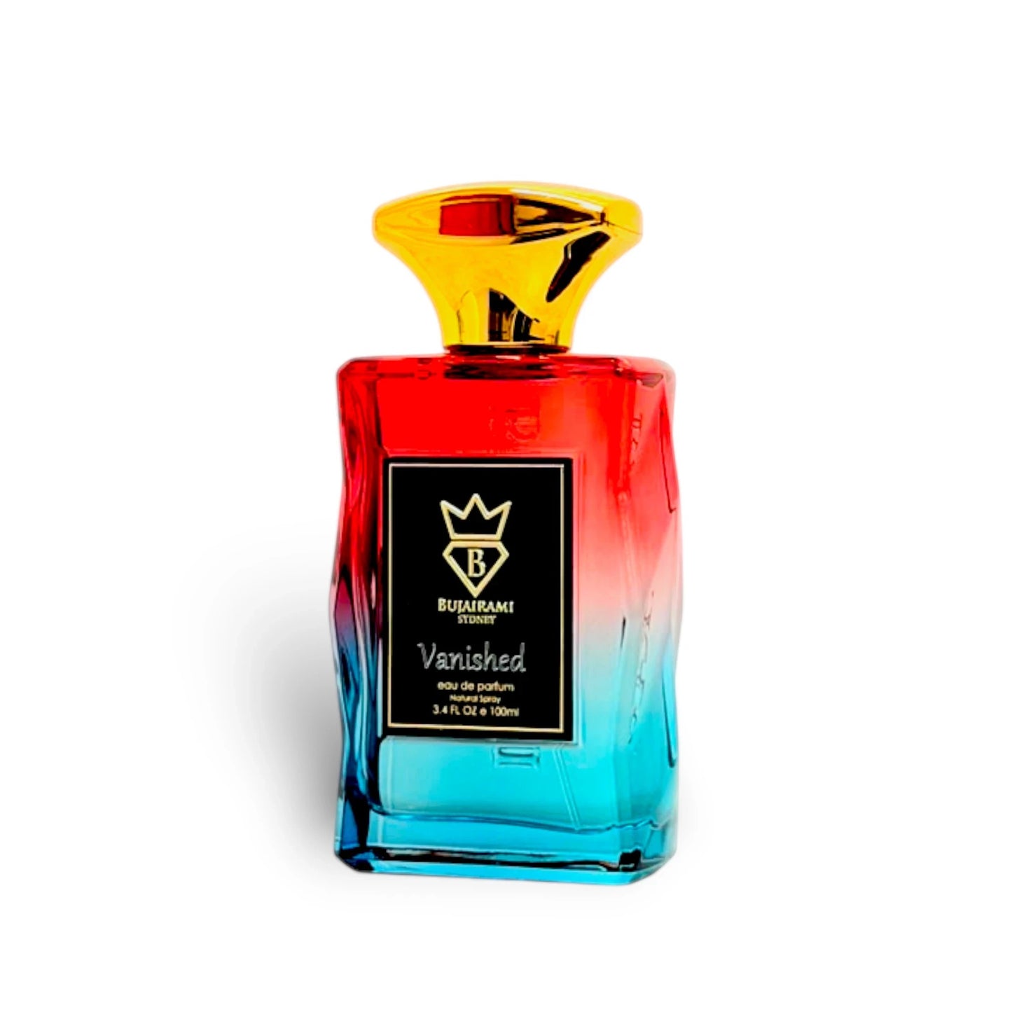 Soghaat Vanished Eau de Parfum 100ml bottle with a red to blue gradient glass and gold cap. Unisex floral, musky, fresh, woody fragrance.