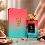 Soghaat Vanished 100ml Eau de Parfum bottle with gradient red-to-blue glass and gold cap, next to its matching box.