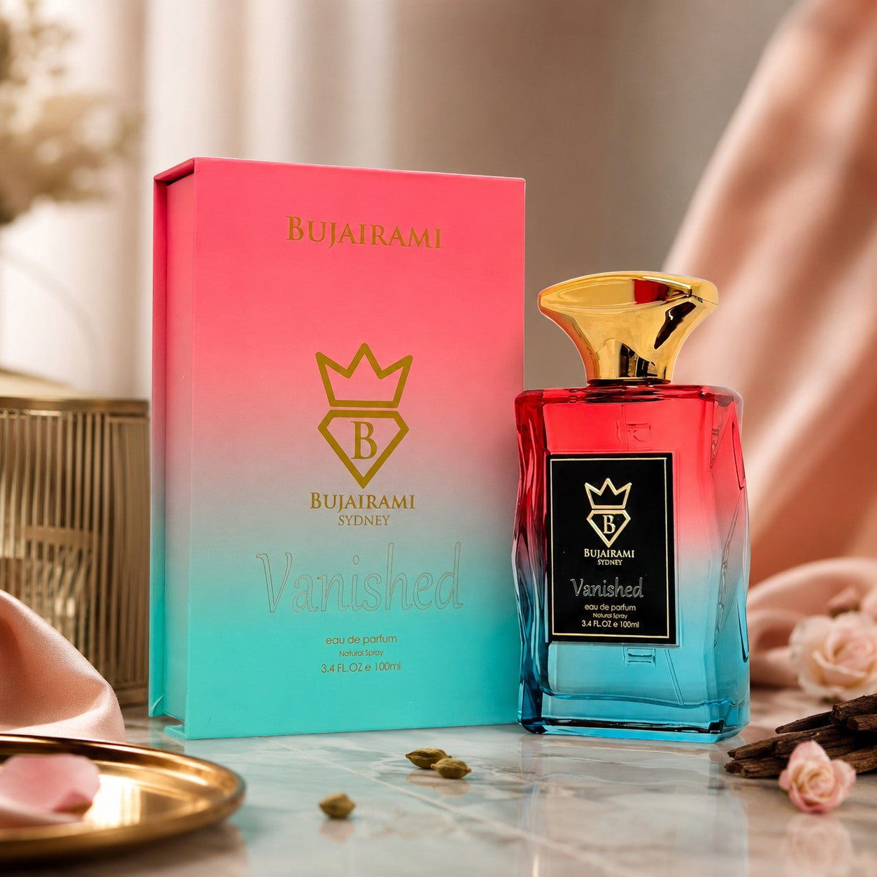Soghaat Vanished 100ml Eau de Parfum bottle with gradient red-to-blue glass and gold cap, next to its matching box.