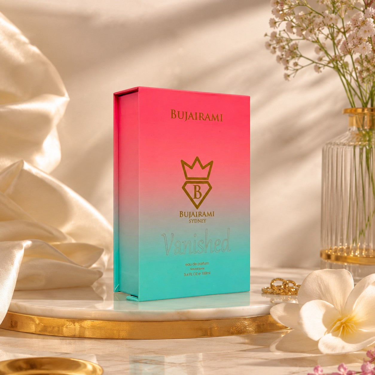Soghaat Vanished 100ml Eau de Parfum by Bujairami, a unisex fragrance with floral, musky, and woody notes.