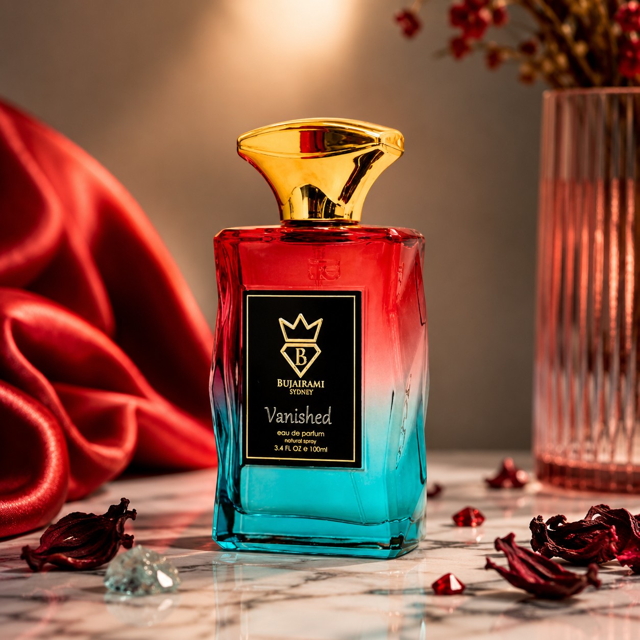Soghaat Vanished Eau de Parfum by Bujairami, a unisex fragrance with a red and blue gradient bottle, gold cap, and floral, musky, woody notes.