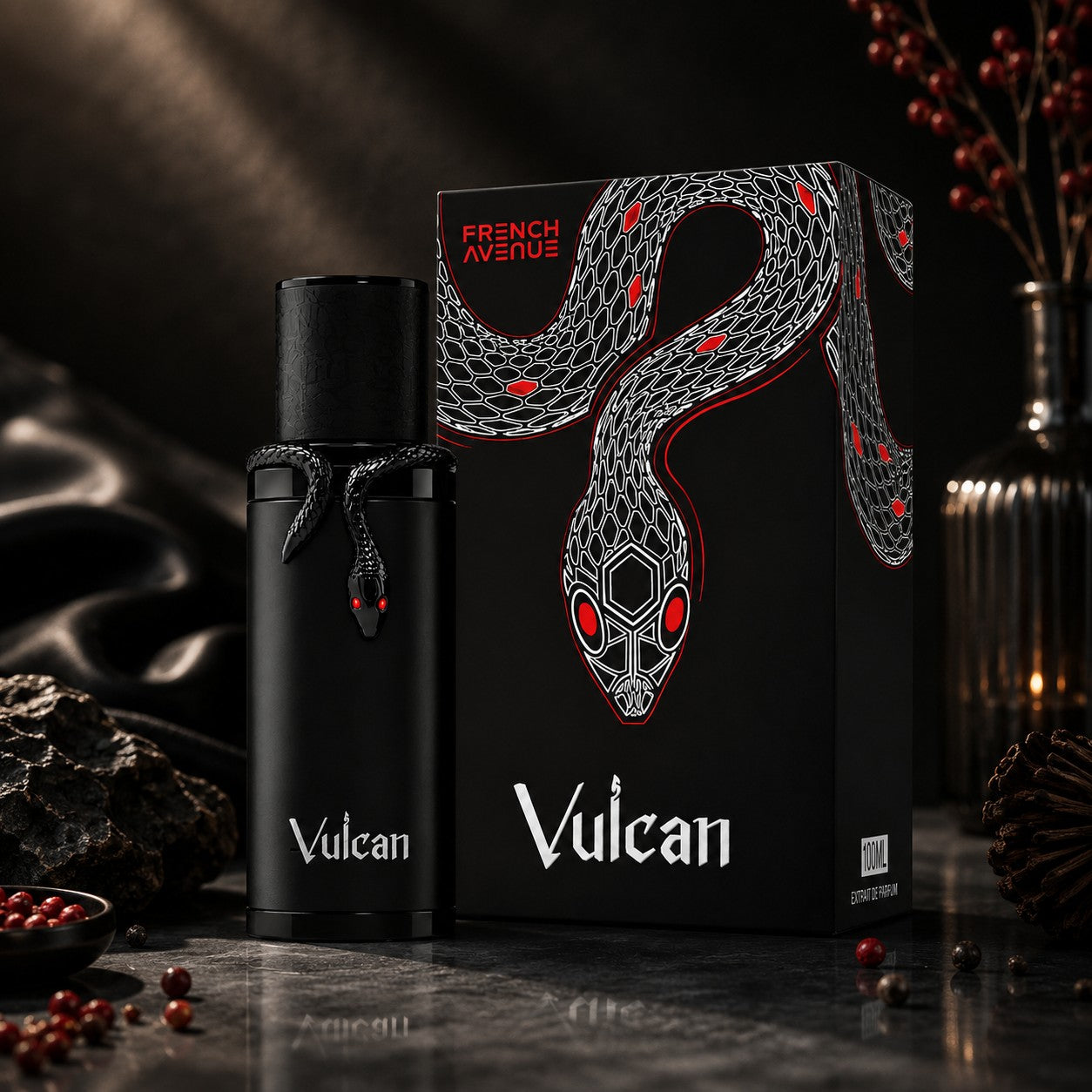 Soghaat French Avenue Vulcan Black Friday Edition Extrait de Parfum bottle and box with snake design on dark background
