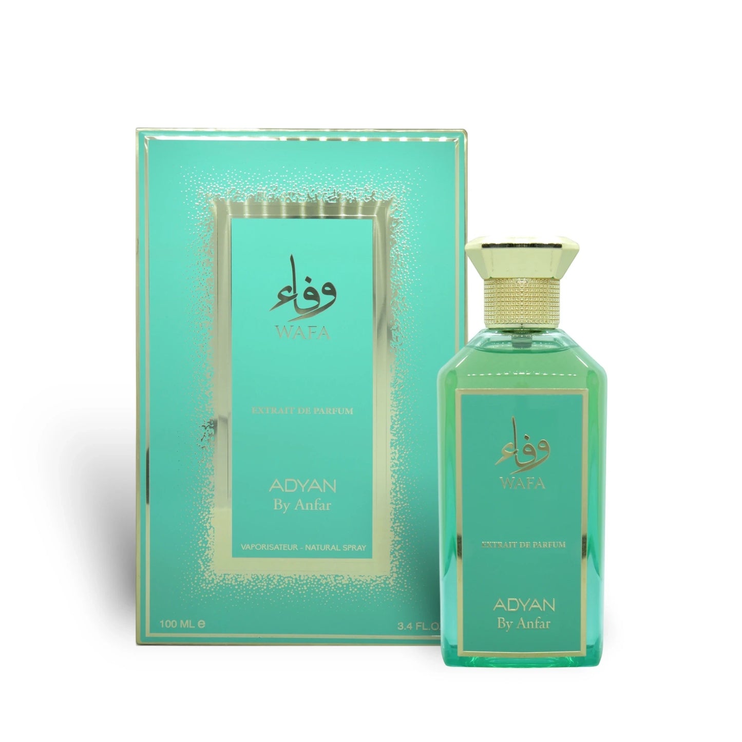 Soghaat Wafa by Adyan Anfar 100ml Extrait de Parfum in a turquoise bottle and matching box with gold accents.
