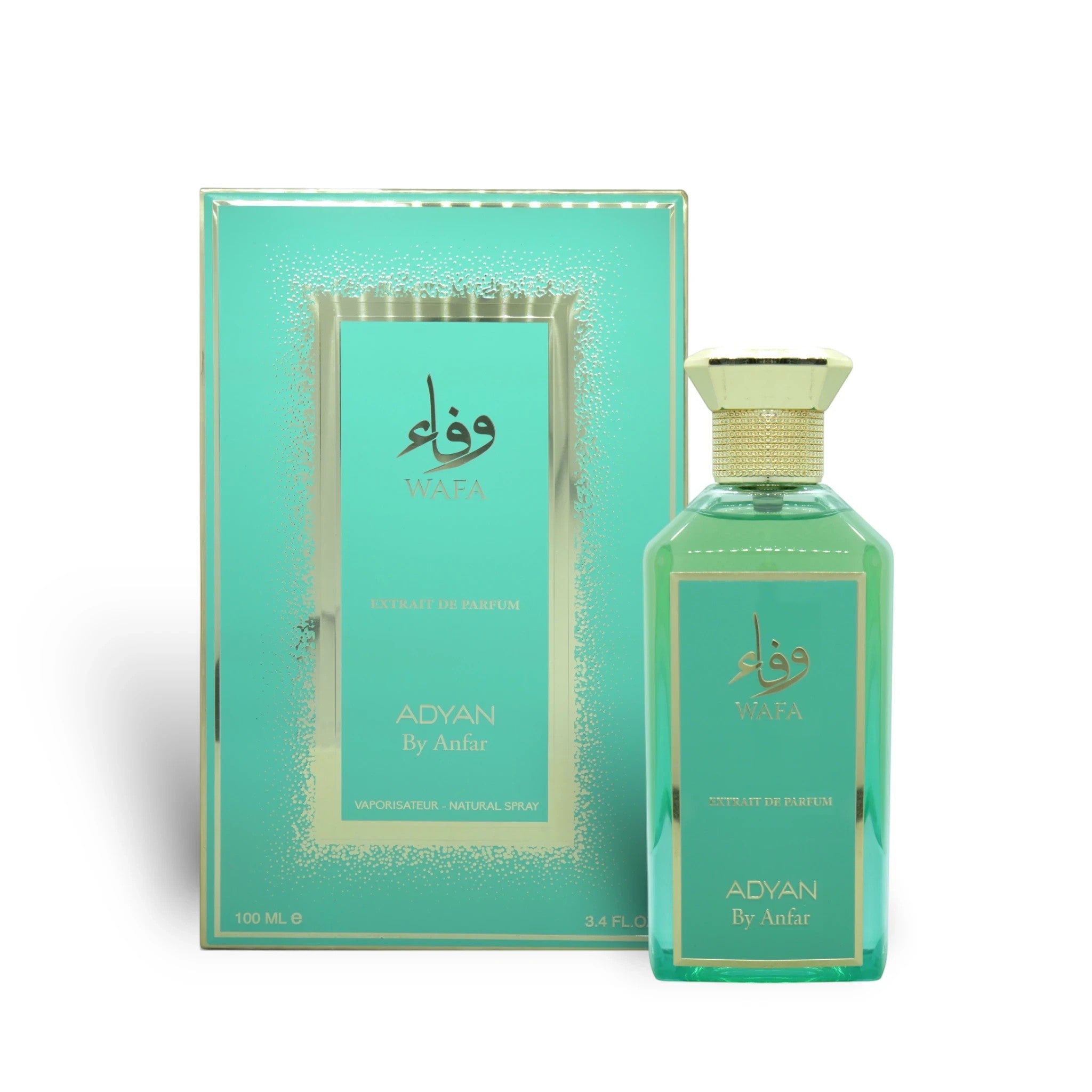 Soghaat Wafa by Adyan Anfar 100ml Extrait de Parfum in a turquoise bottle and matching box with gold accents.