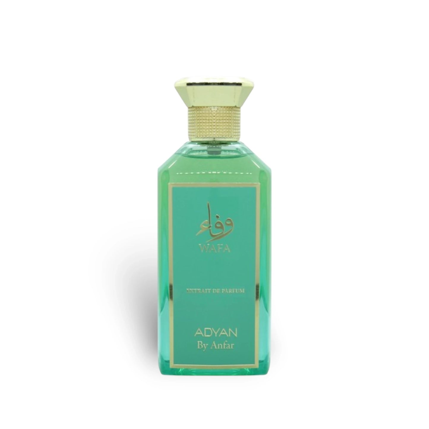 Soghaat Wafa by Adyan Anfar Extrait de Parfum in a rectangular green glass bottle with gold accents for women.