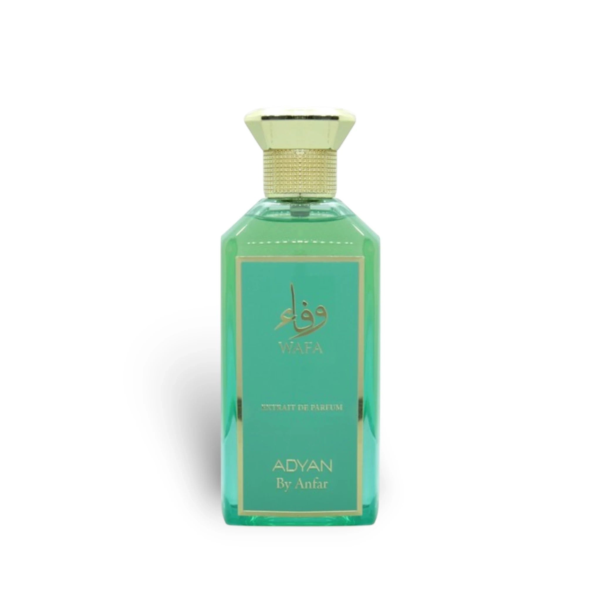 Soghaat Wafa by Adyan Anfar Extrait de Parfum in a rectangular green glass bottle with gold accents for women.
