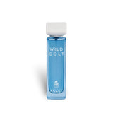 Soghaat Wild Colt Eau de Parfum, a fresh oud woody fragrance in a blue glass bottle with a white cap.