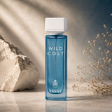 Soghaat Wild Colt 200ml Eau de Parfum, a fresh oud woody fragrance in a blue glass bottle with a white cap.