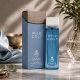 Soghaat Wild Colt Eau de Parfum 200ml, fresh oud woody fragrance with amber notes in a blue glass bottle.