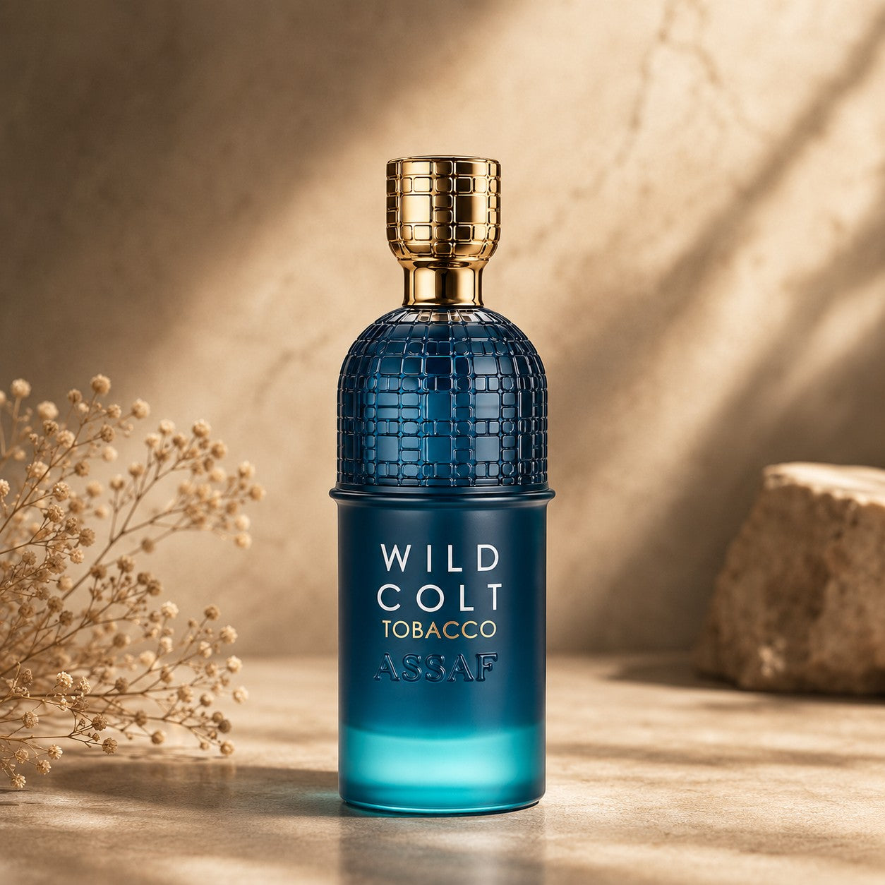 Soghaat Wild Colt Tobacco 200ml Eau de Parfum for men. Blue glass bottle with gold cap. Woody floral oud amber fragrance.