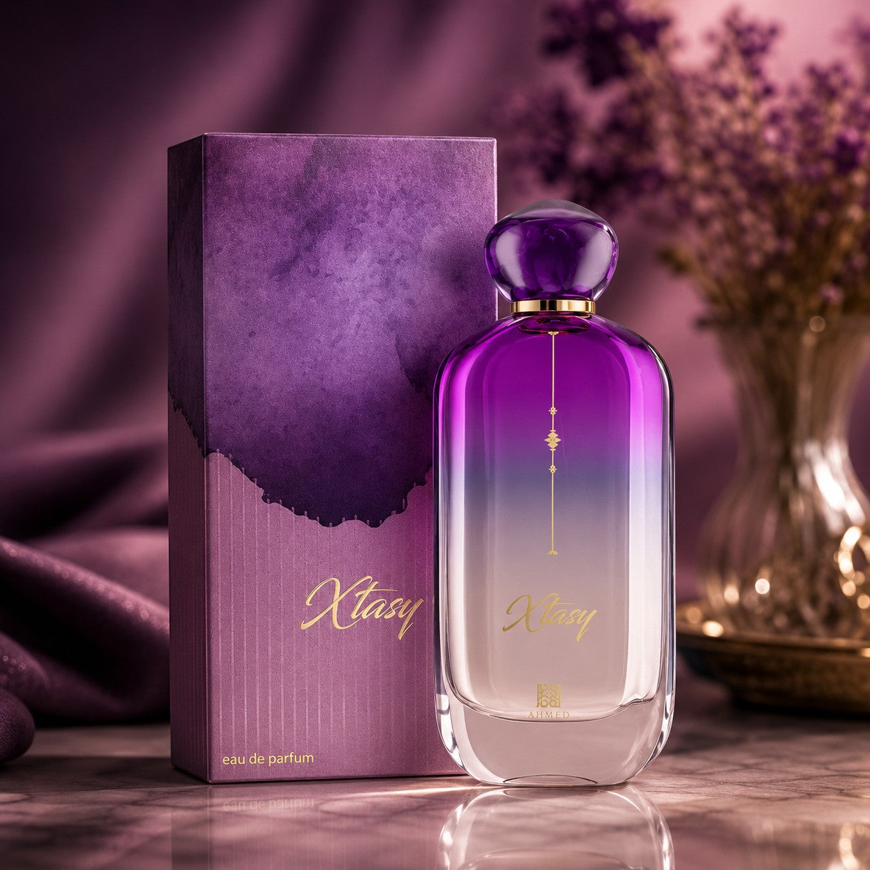 Soghaat Xtasy 100ml Eau de Parfum for unisex, fresh oud woody fragrance with purple gradient bottle and matching box.
