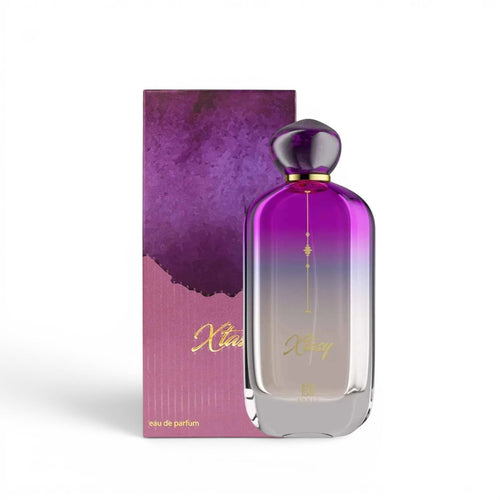 Soghaat Xtasy 100ml Eau de Parfum box with purple watercolor top and pink ribbed bottom.