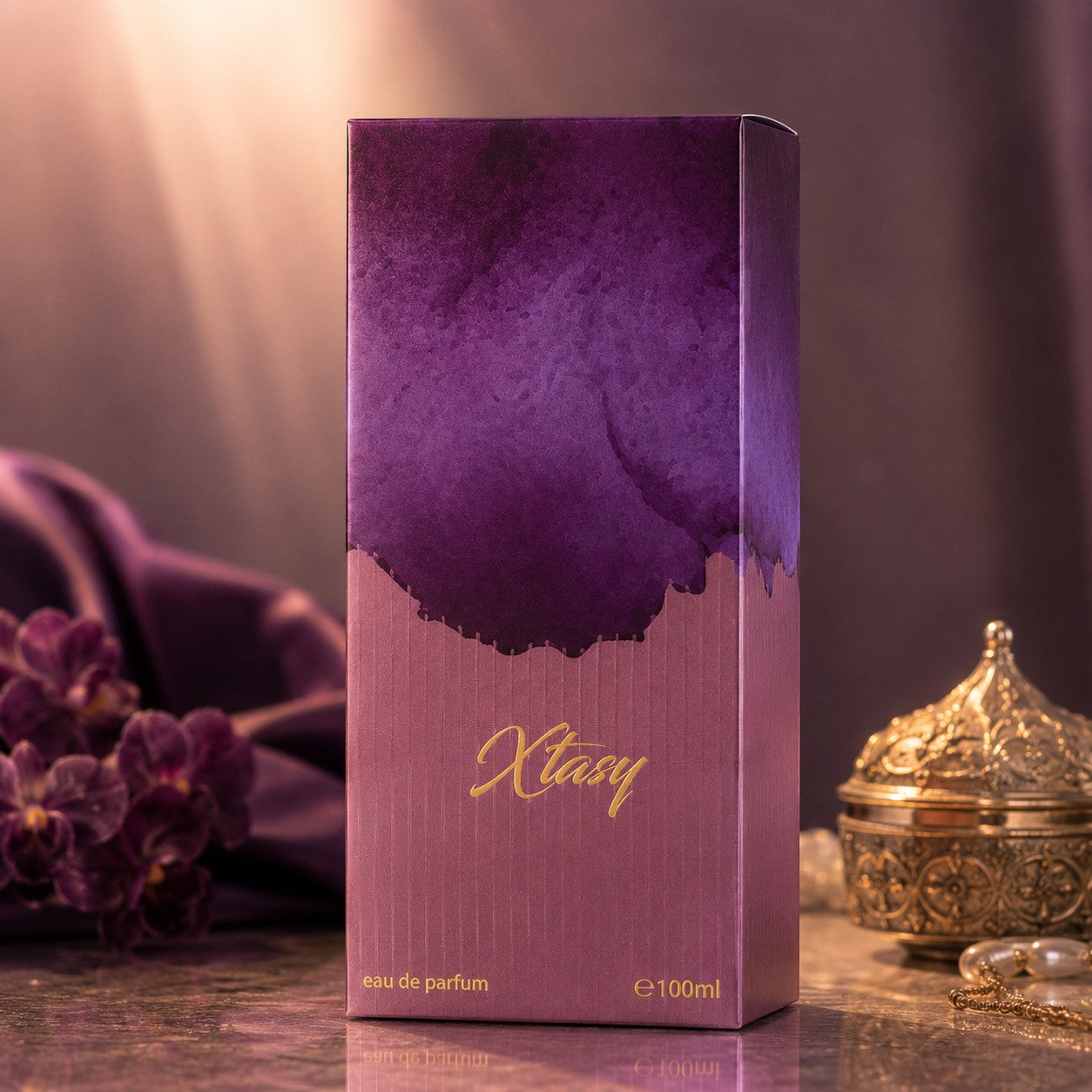 Soghaat Xtasy 100ml Eau de Parfum for unisex, fresh oud woody fragrance with purple watercolor design.
