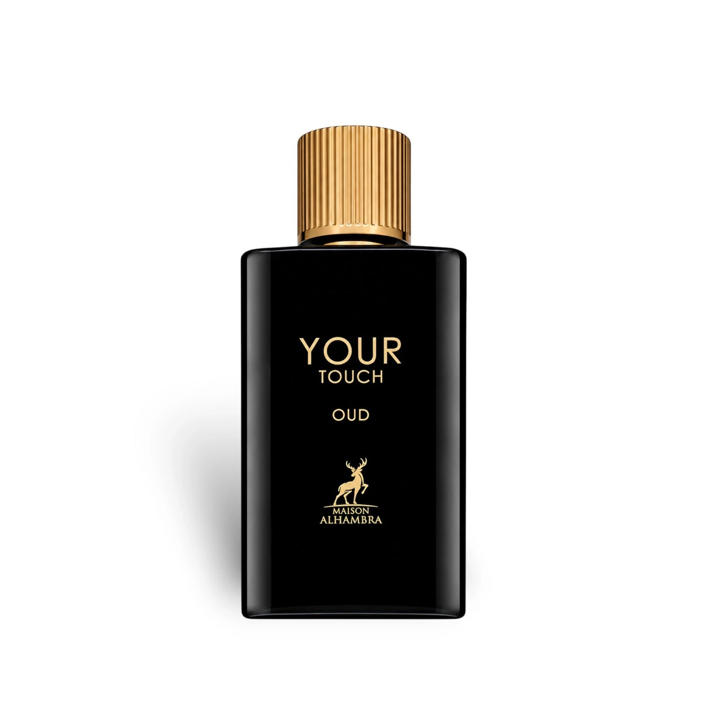 Soghaat Maison Alhambra Your Touch Oud Eau de Parfum in a sleek black bottle with a gold cap and logo.