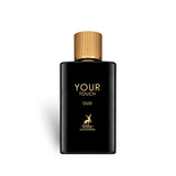Soghaat Maison Alhambra Your Touch Oud Eau de Parfum in a sleek black bottle with a gold cap and logo.