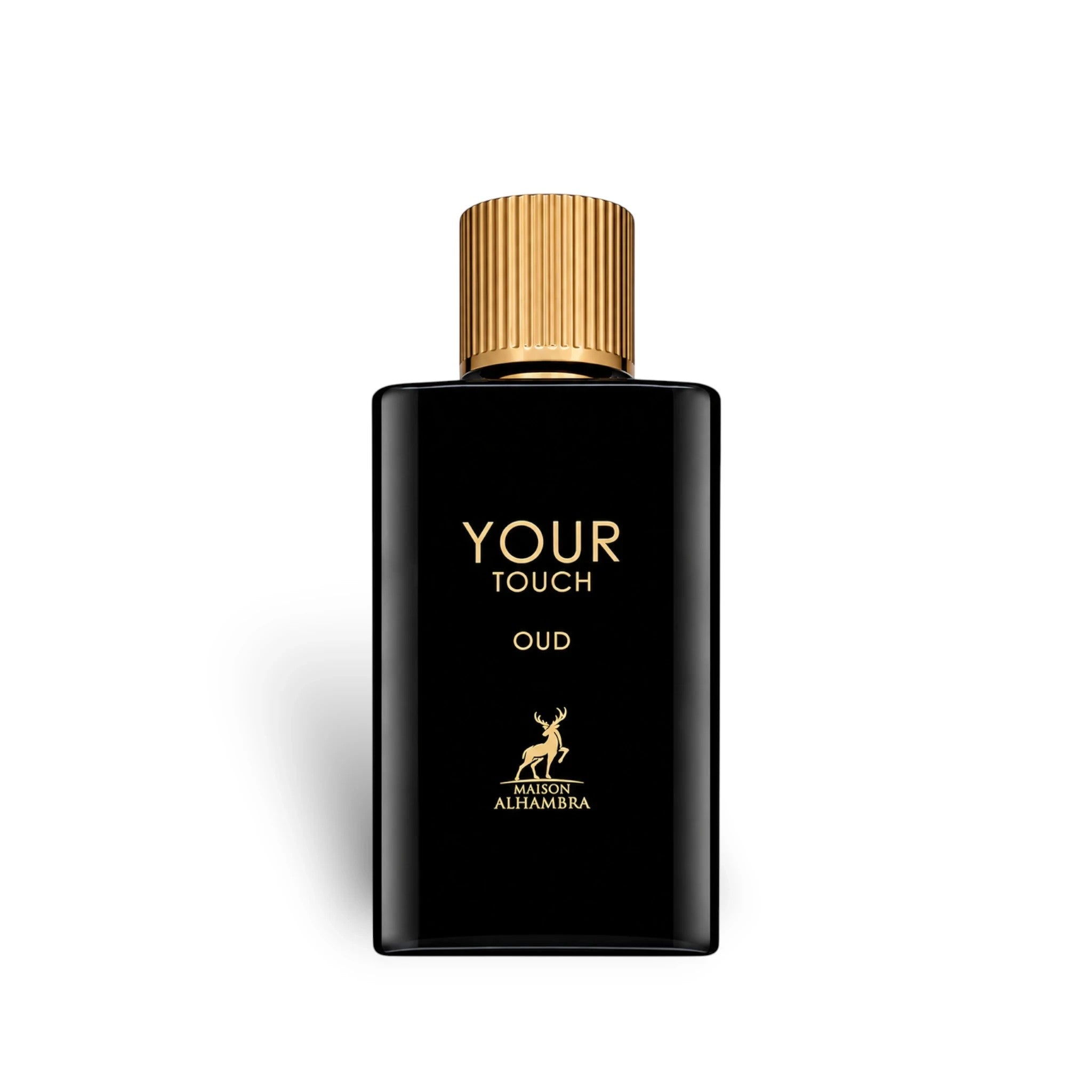 Soghaat Maison Alhambra Your Touch Oud Eau de Parfum in a sleek black bottle with a gold cap and logo.