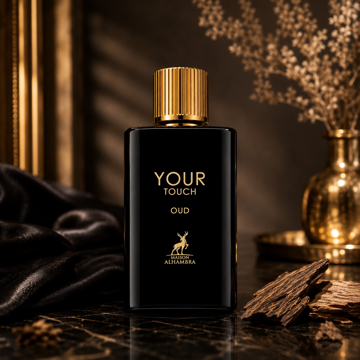 Soghaat Maison Alhambra Your Touch Oud Eau de Parfum in a black bottle with gold accents, set with oud wood pieces.