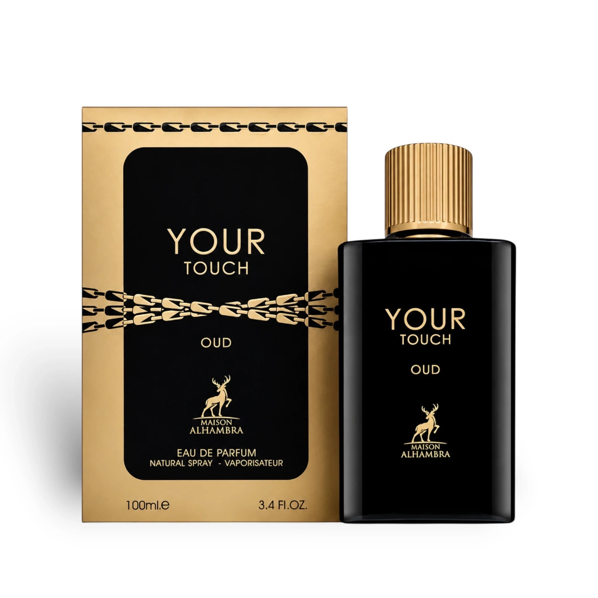 Soghaat Maison Alhambra Your Touch Oud 100ml Eau de Parfum in a black and gold bottle with matching presentation box.