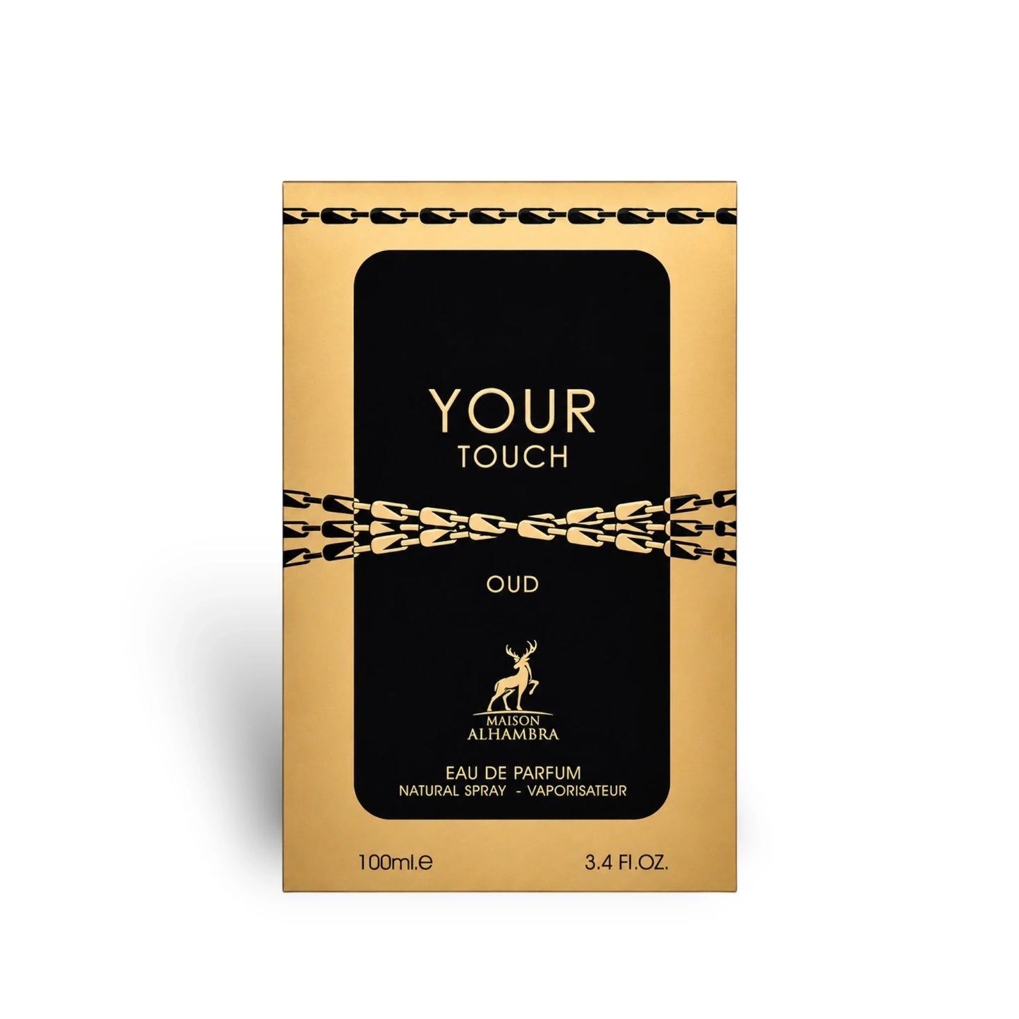Soghaat Maison Alhambra Your Touch Oud 100ml Eau de Parfum box in gold and black with chain detail and deer logo.
