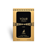 Soghaat Maison Alhambra Your Touch Oud 100ml Eau de Parfum box in gold and black with chain detail and deer logo.