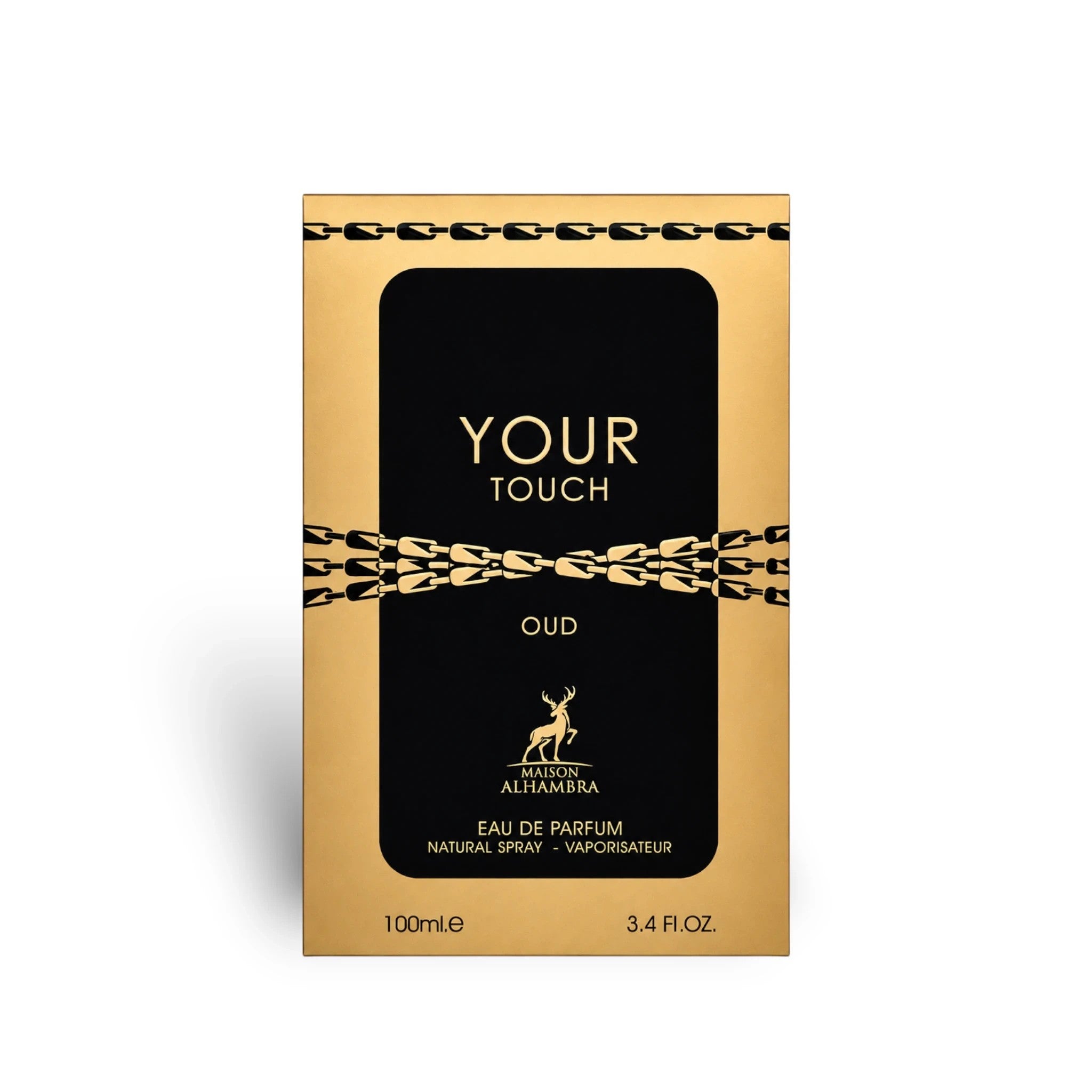 Soghaat Maison Alhambra Your Touch Oud 100ml Eau de Parfum box in gold and black with chain detail and deer logo.