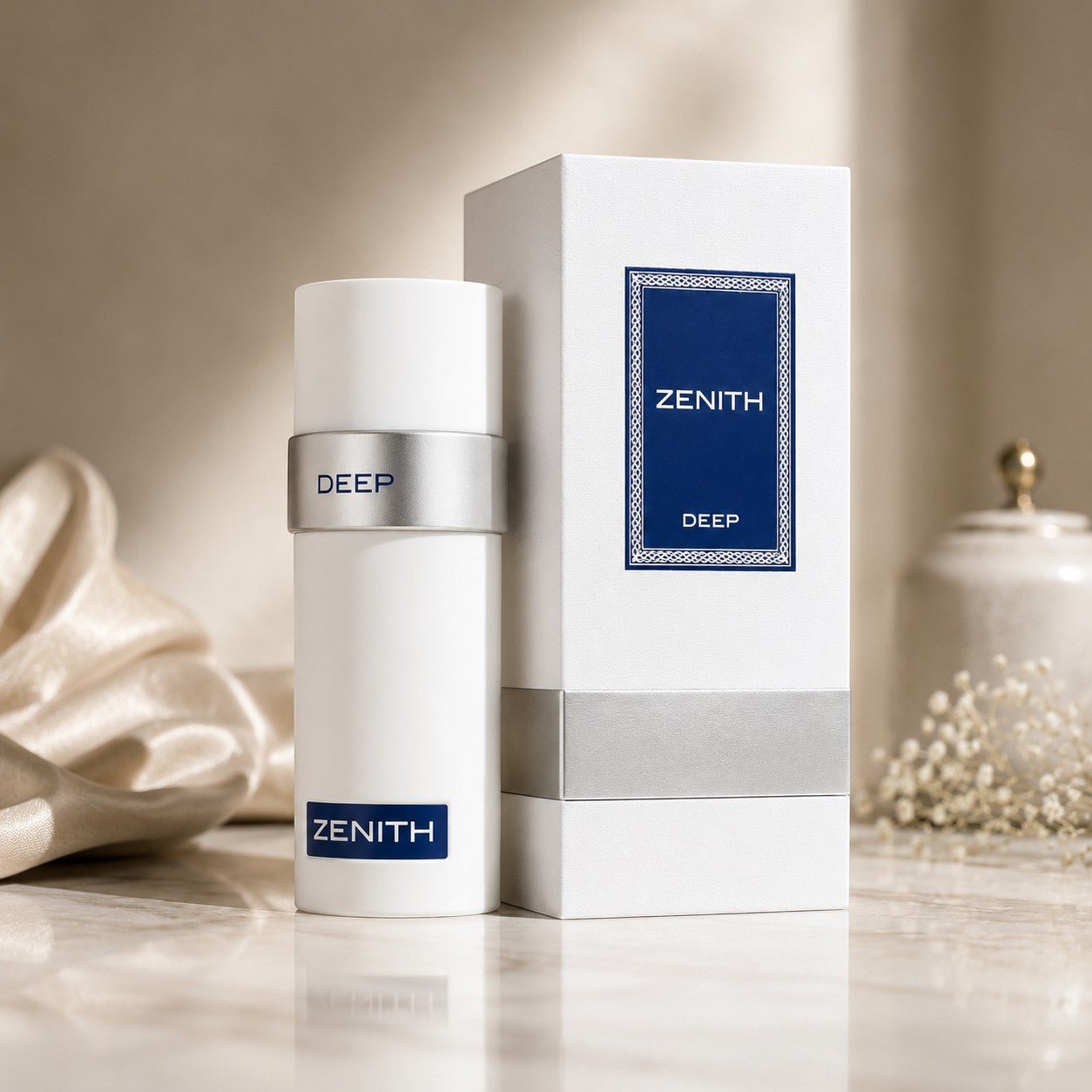 Soghaat Zenith Deep Extrait de Parfum for men, white bottle with silver band and blue label.
