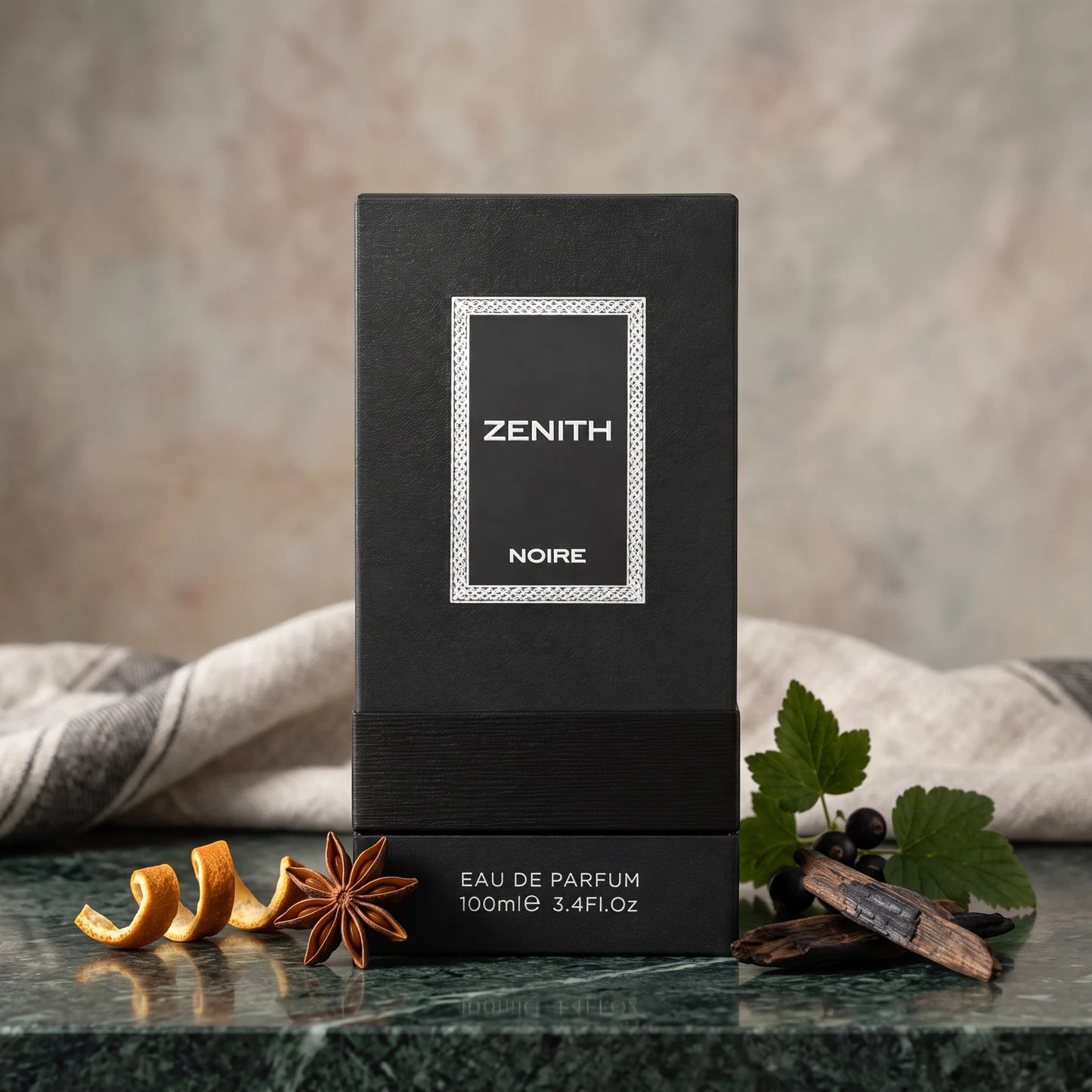 Soghaat Zenith Noire Eau de Parfum 100ml bottle in a black box with incense, star anise, and orange peel accents.