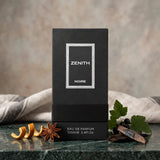 Soghaat Zenith Noire Eau de Parfum 100ml bottle in a black box with incense, star anise, and orange peel accents.