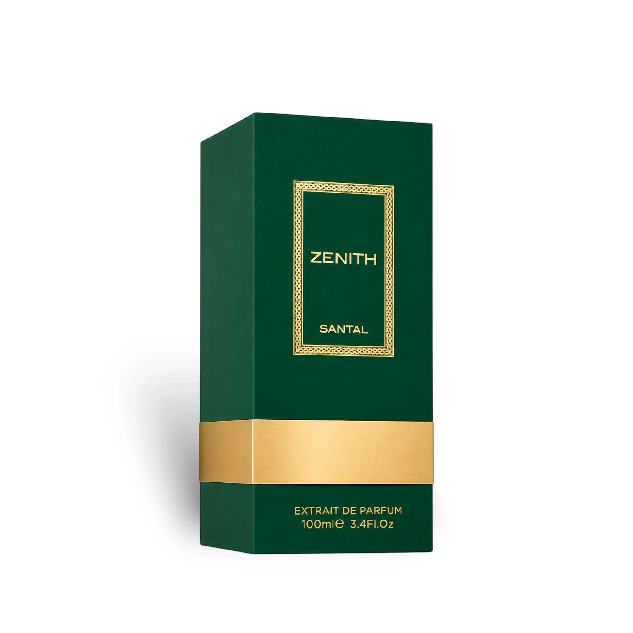 Soghaat Zenith Santal Extrait de Parfum 100ml bottle in a dark green box with gold accents, featuring amber woody oriental notes.