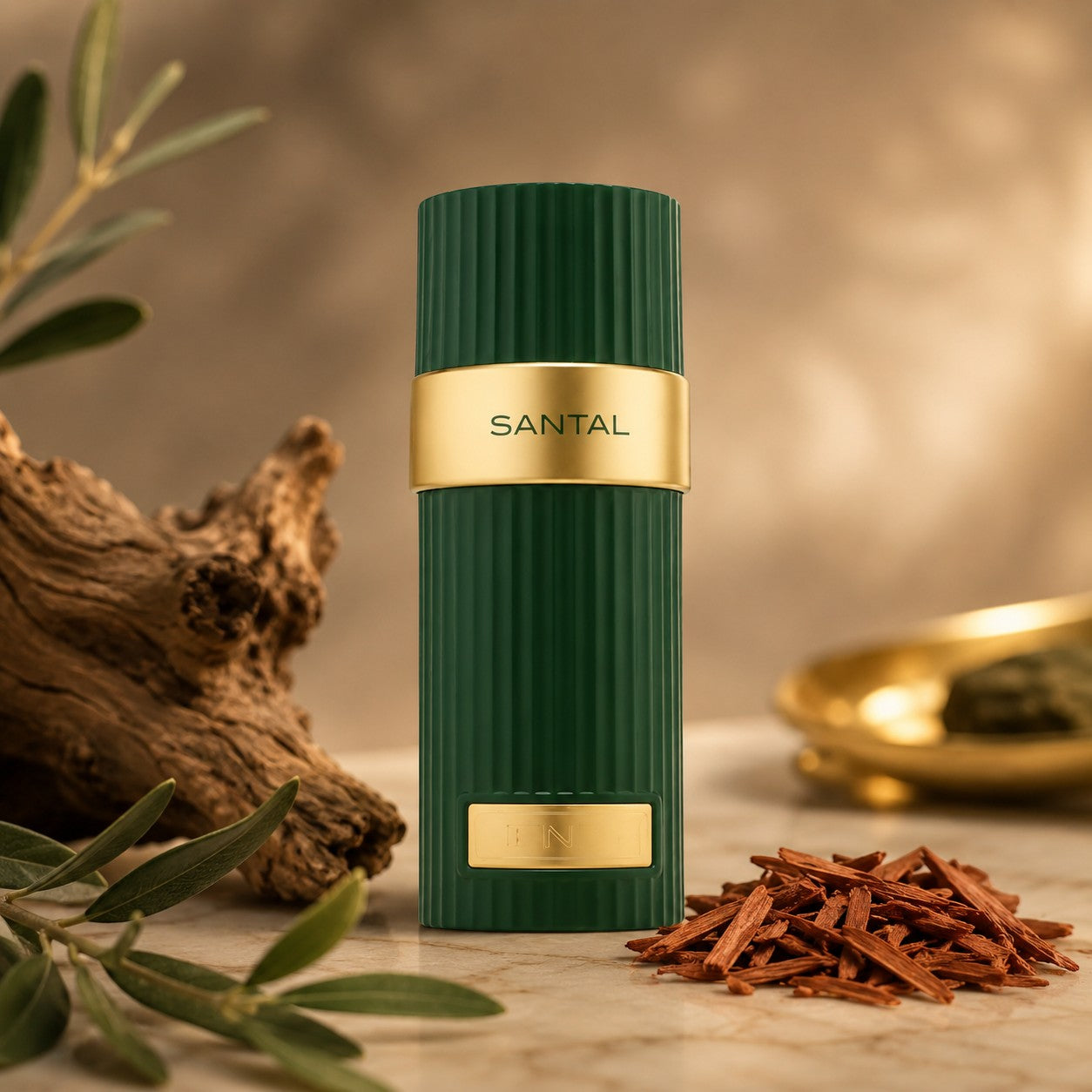 Soghaat Zenith Santal Extrait de Parfum, a dark green fluted bottle with a gold band labeled SANTAL.